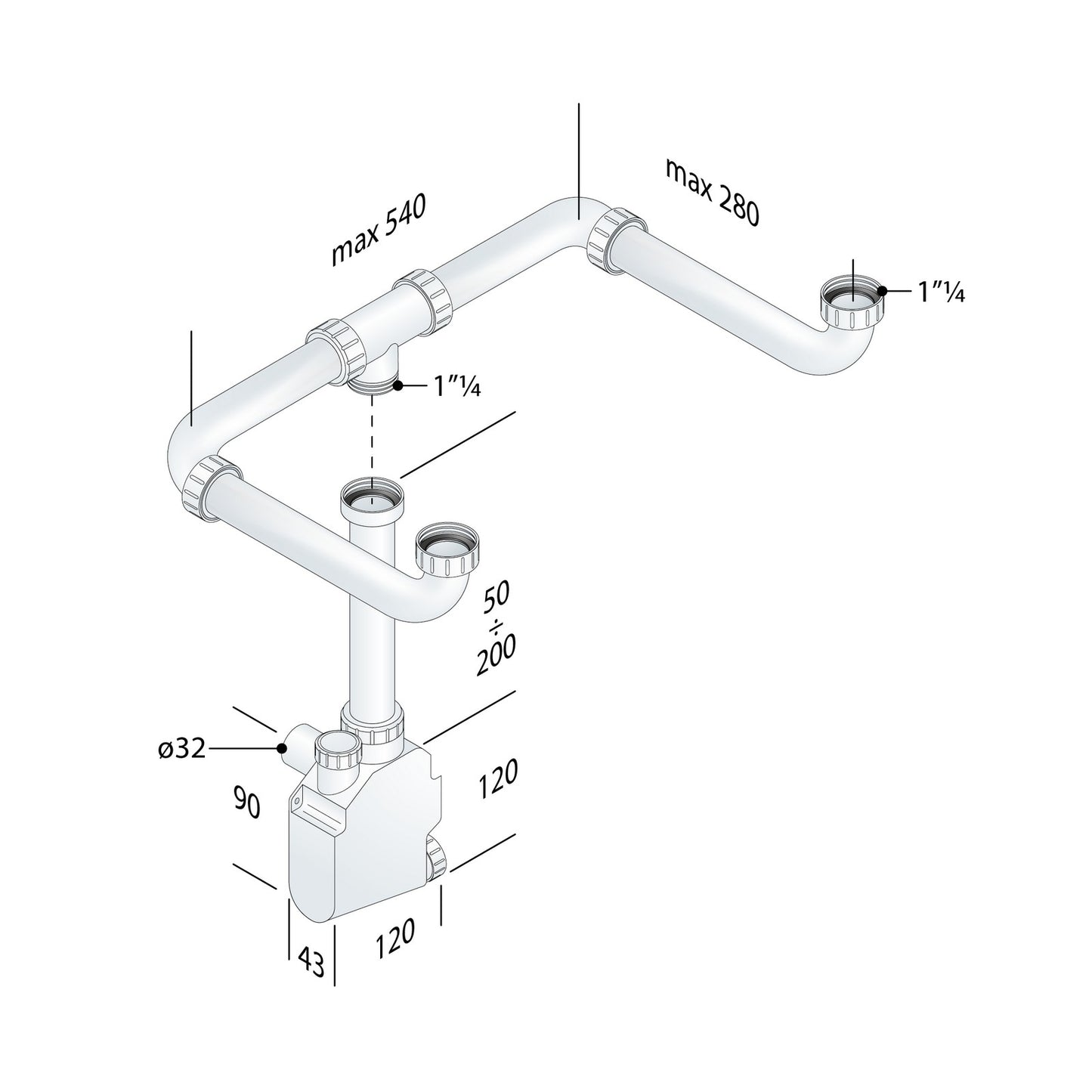 OMP TEA 1652.500.5 Squid Sifone salva-spazio in ABS per lavabo a due bacini