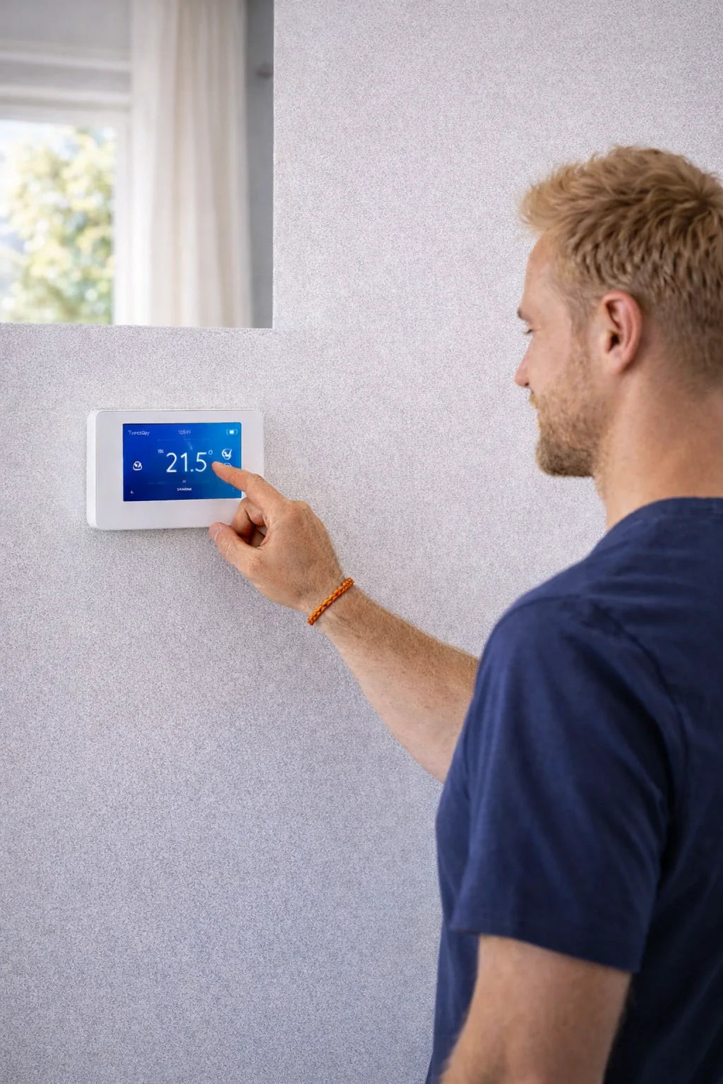 Uomo in maglietta blu che regola un termostato touch bianco montato a parete, con display blu acceso a 21,5°, in un ambiente domestico luminoso.