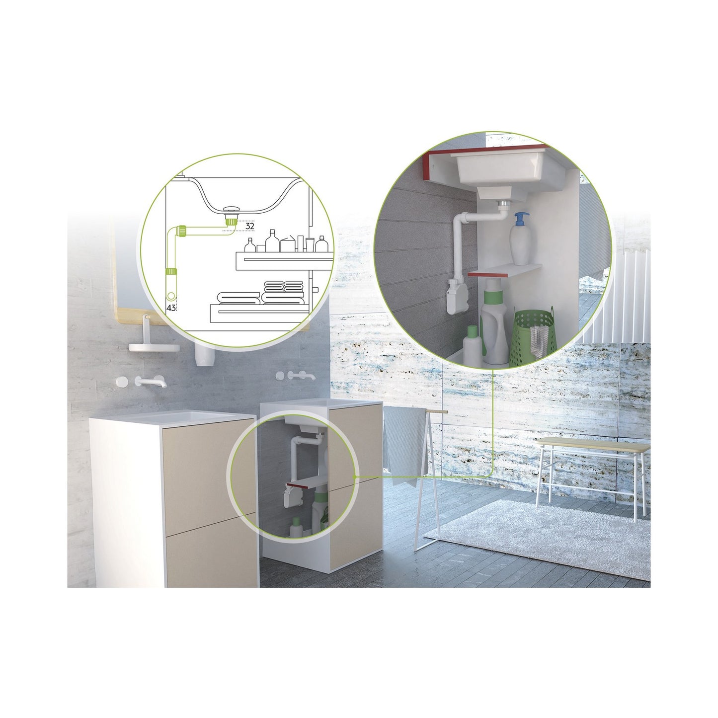 OMP TEA 1652.500.5 Squid Sifone salva-spazio in ABS per lavabo a due bacini