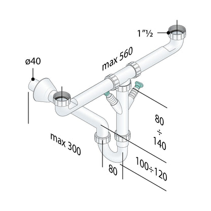 Sifone OMP TEA Eurotrap PP Lavello 2 BacinI 228.654.6